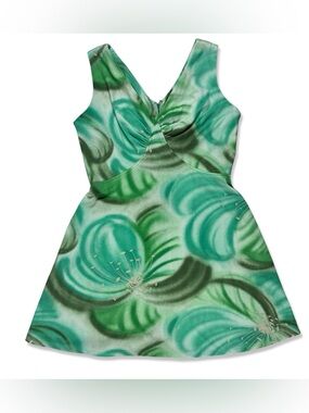 Vintage 1960s Green Floral V-Neck Dress